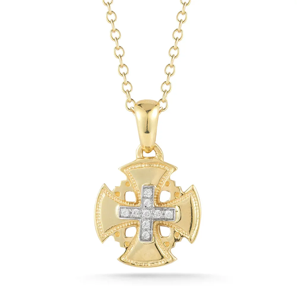 14k Gold Jerusalem Cross Pendant Necklace with Diamonds