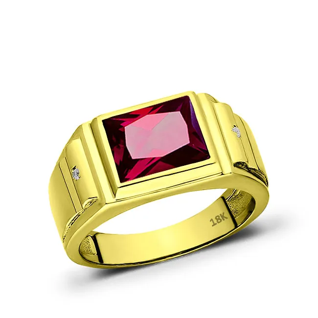 18 karat Gold Ring Red Ruby with 2 Natural Diamonds Accents Ring For Men