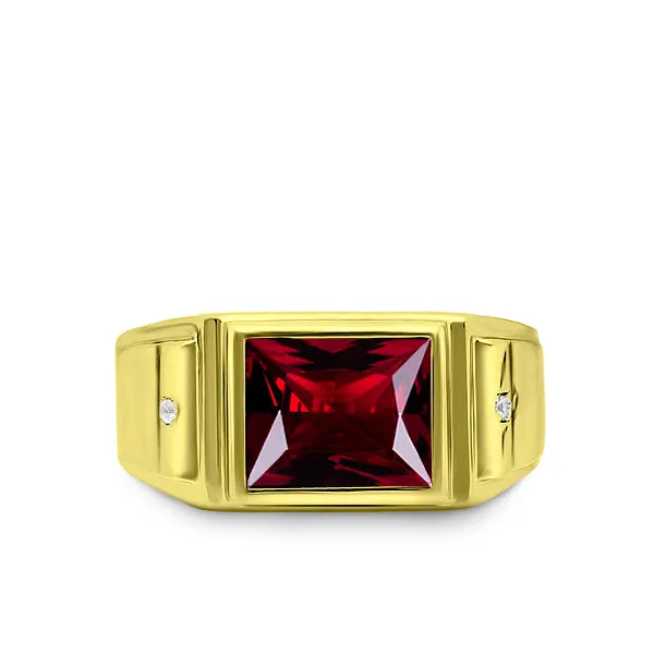 18 karat Gold Ring Red Ruby with 2 Natural Diamonds Accents Ring For Men