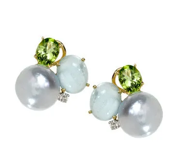 18K Yellow Gold Pearl, Aqua Marine And Peridot Cluster Earrings By Mazza