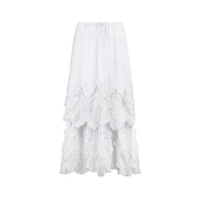 1900s Edwardian White Tiered Cotton and Lace Maxi Skirt