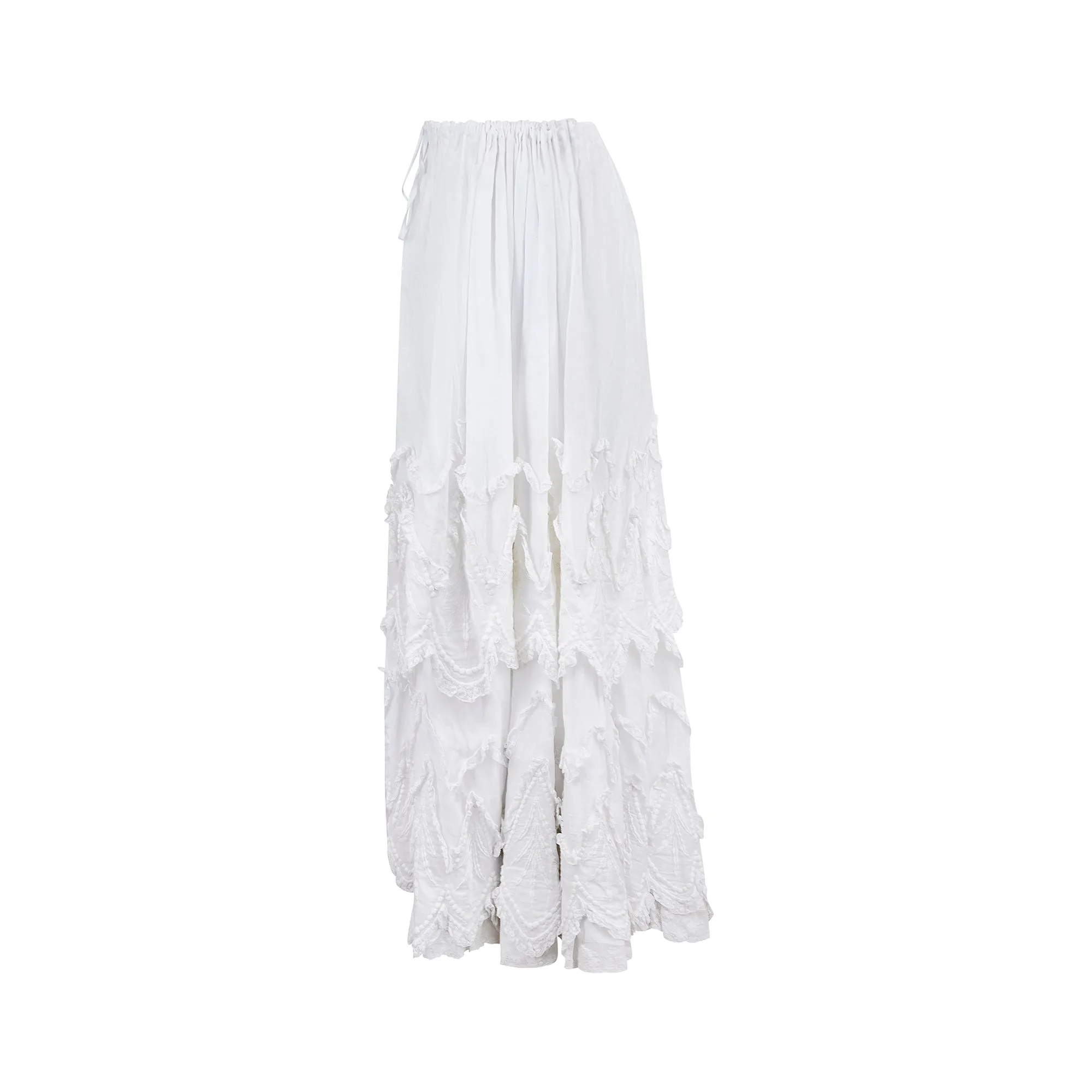 1900s Edwardian White Tiered Cotton and Lace Maxi Skirt