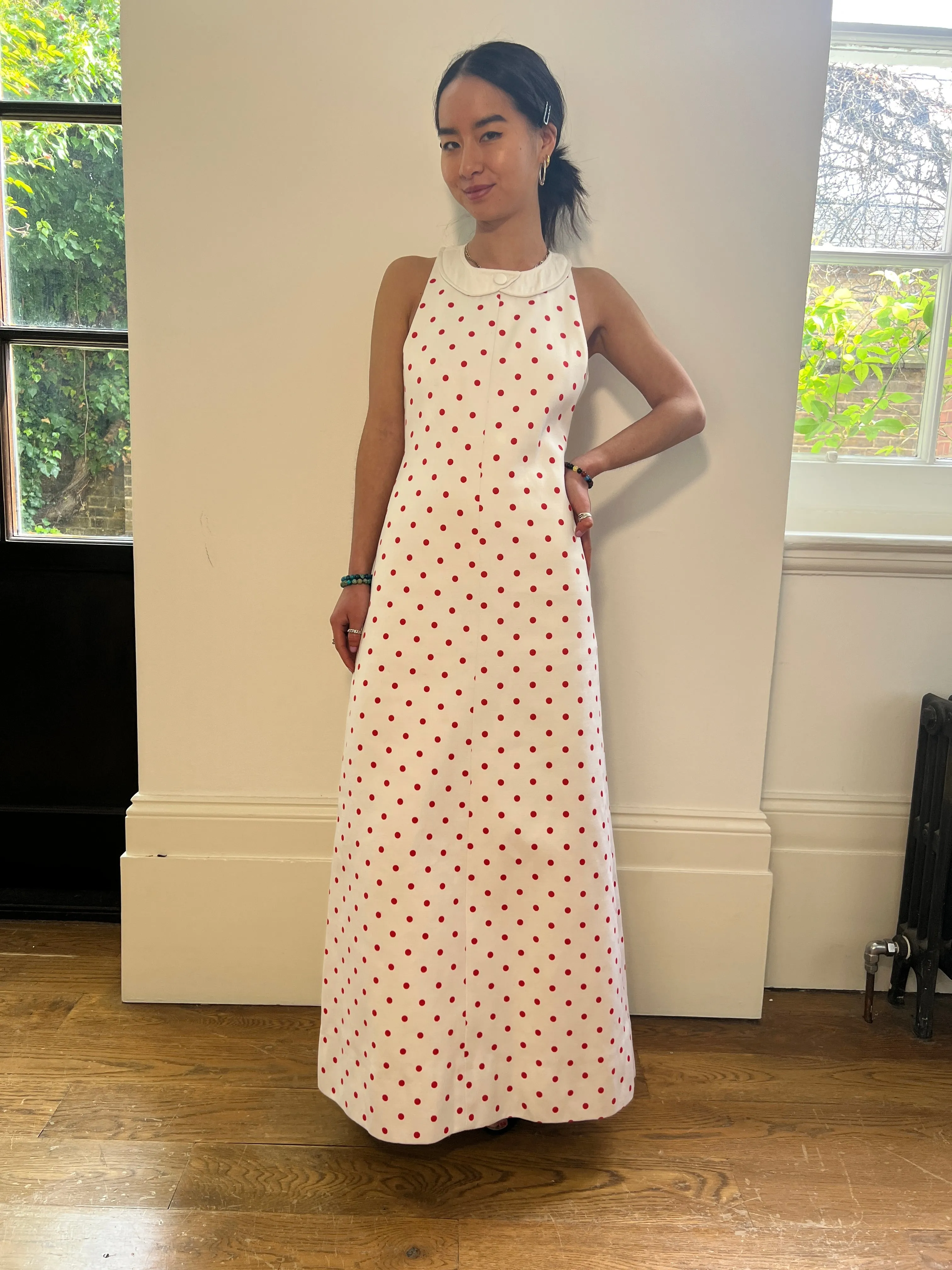 1970s André Courrèges Haute Couture Polka Dot Cotton Dress