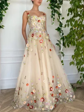 A Line Champagne Tulle Floral Long Prom Dresses, Champagne Formal Graduation Evening Dresses with 3D Flowers SP2630