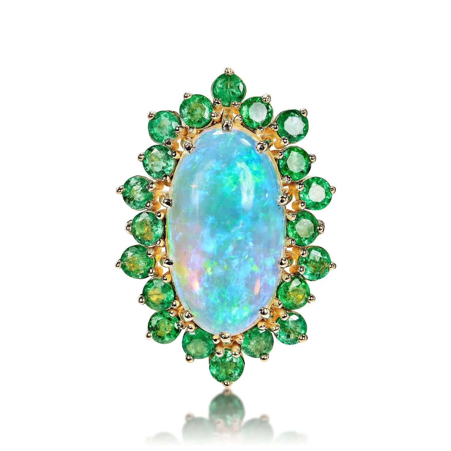 Arleth 14 Carats Opal Cabochon Cut Engagement Ring with Halo Round Green Emerald in 14k Yellow Gold By Mike Nekta