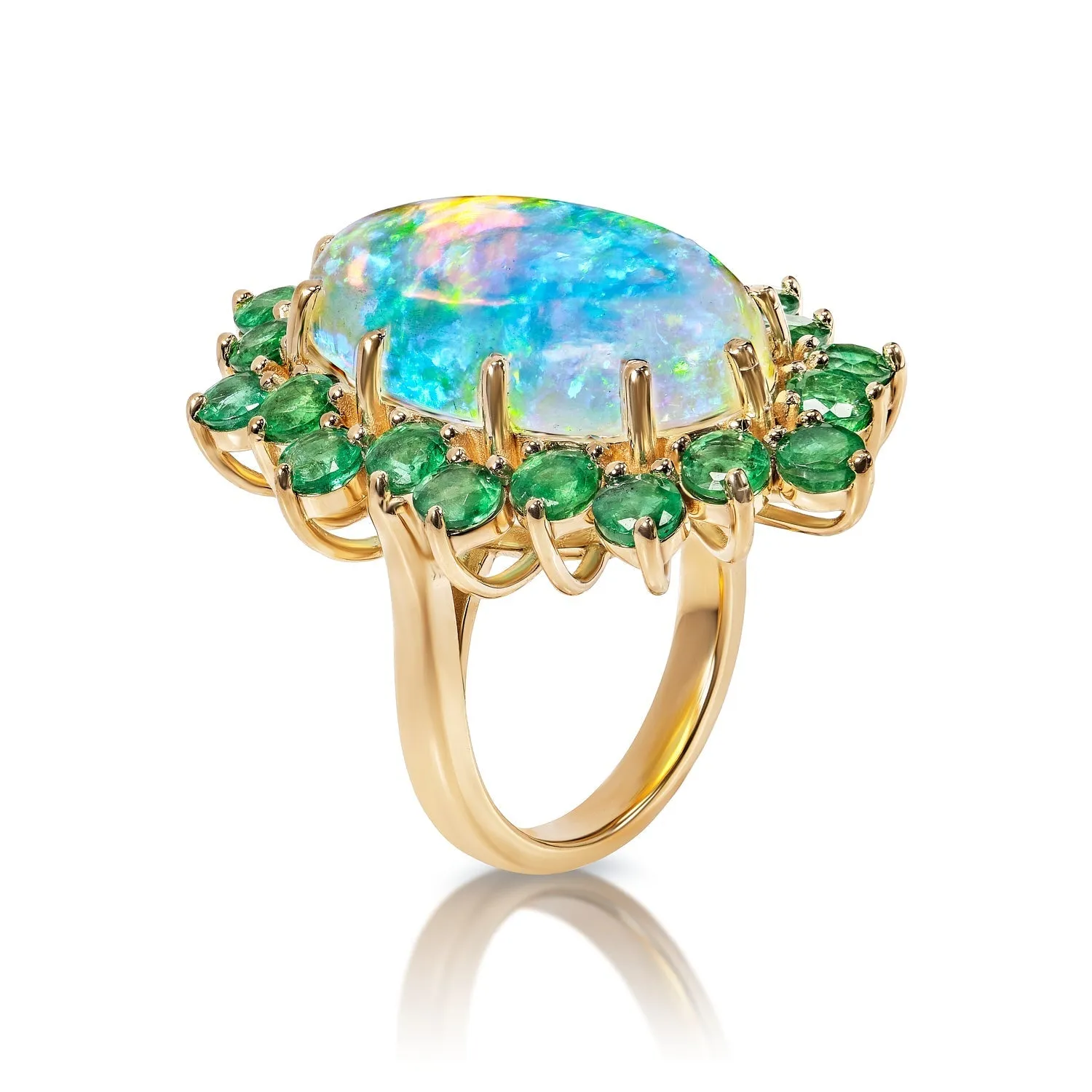 Arleth 14 Carats Opal Cabochon Cut Engagement Ring with Halo Round Green Emerald in 14k Yellow Gold By Mike Nekta