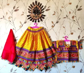 Attractive Festival Wear Yellow Mirror Work Pure Cotton Kids Lehenga Choli