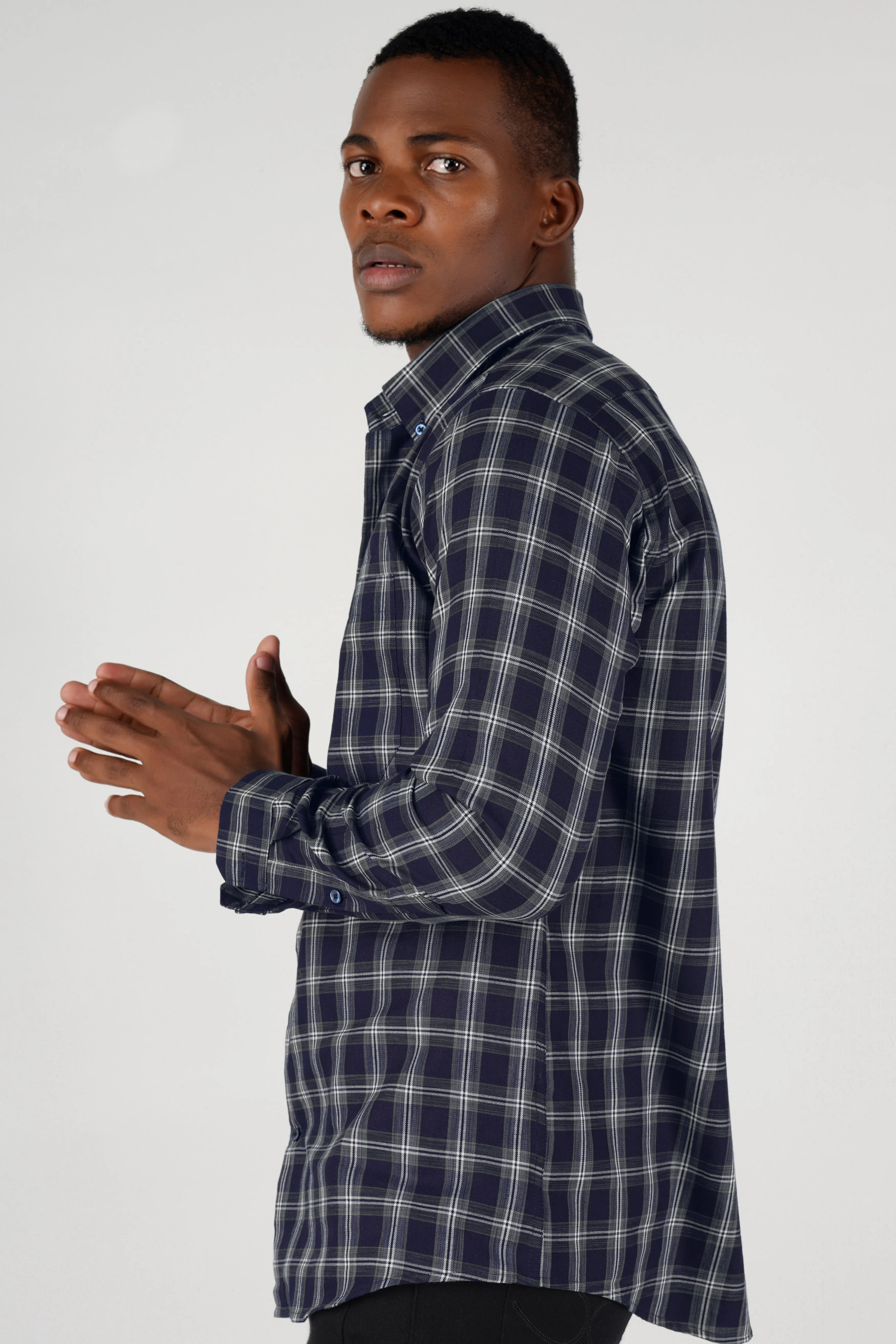 Baltic Navy Blue and White Twill Checkered Premium Cotton Shirt