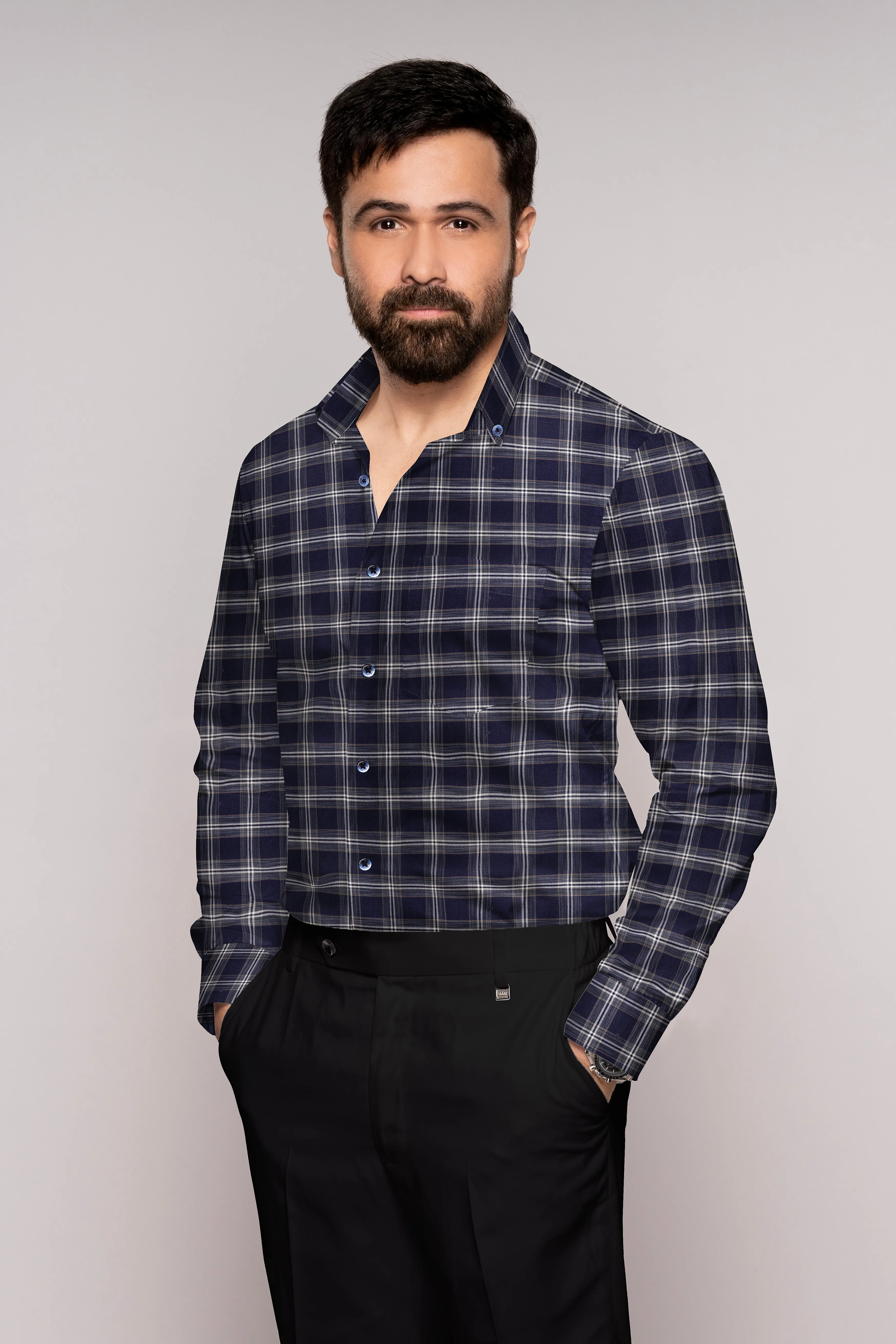 Baltic Navy Blue and White Twill Checkered Premium Cotton Shirt