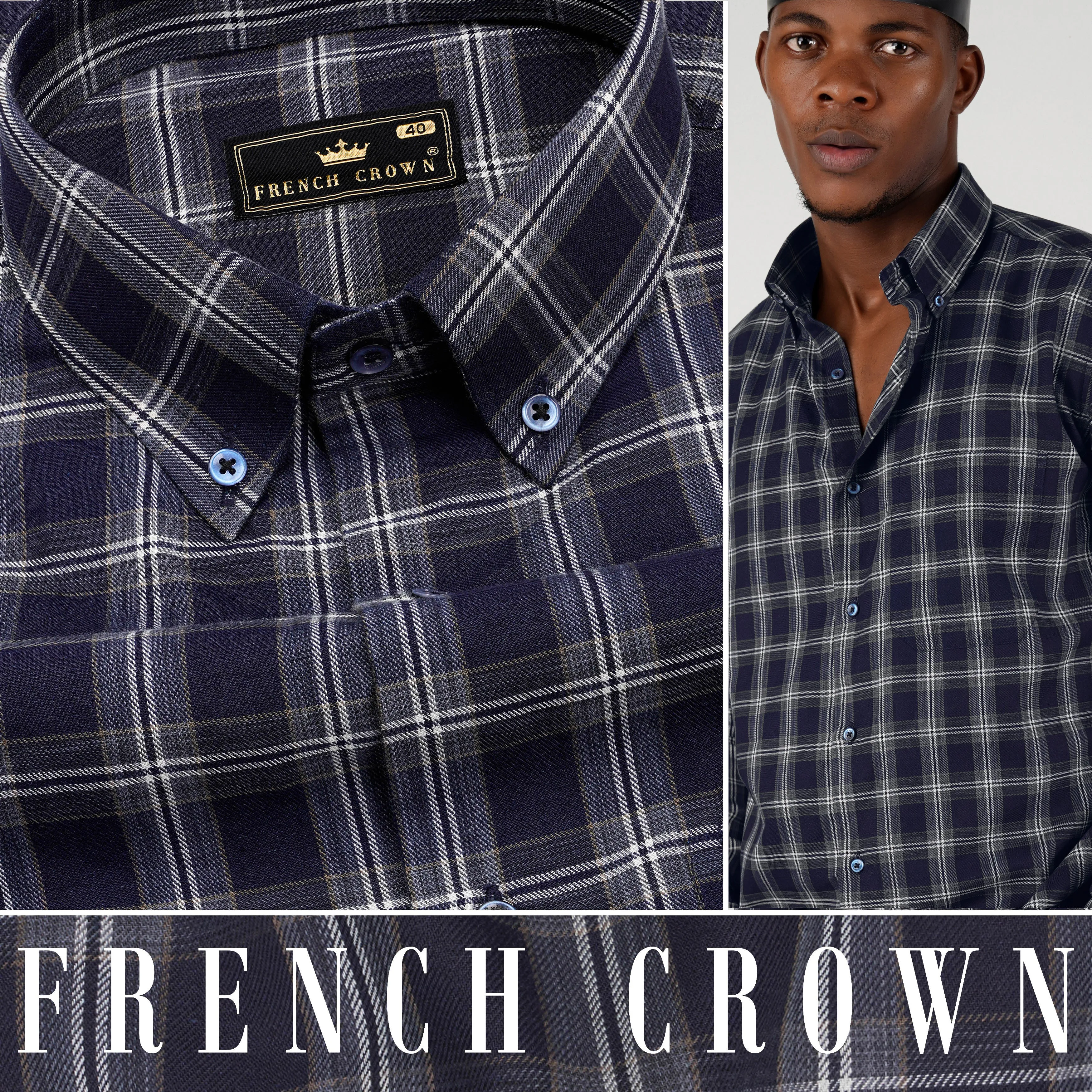 Baltic Navy Blue and White Twill Checkered Premium Cotton Shirt