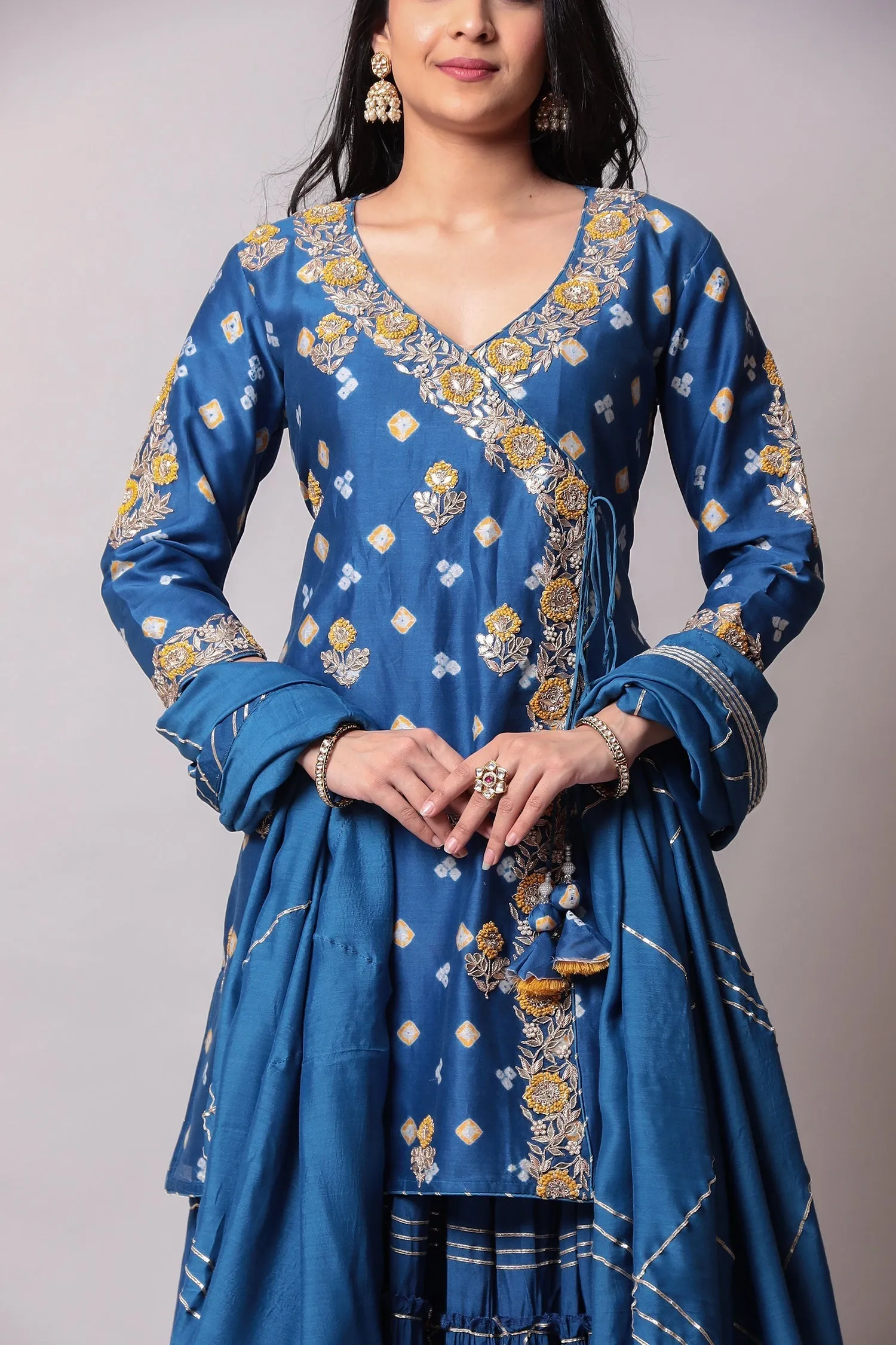 Bandhej Glace cotton Suit with Gota Patti, Thread work.