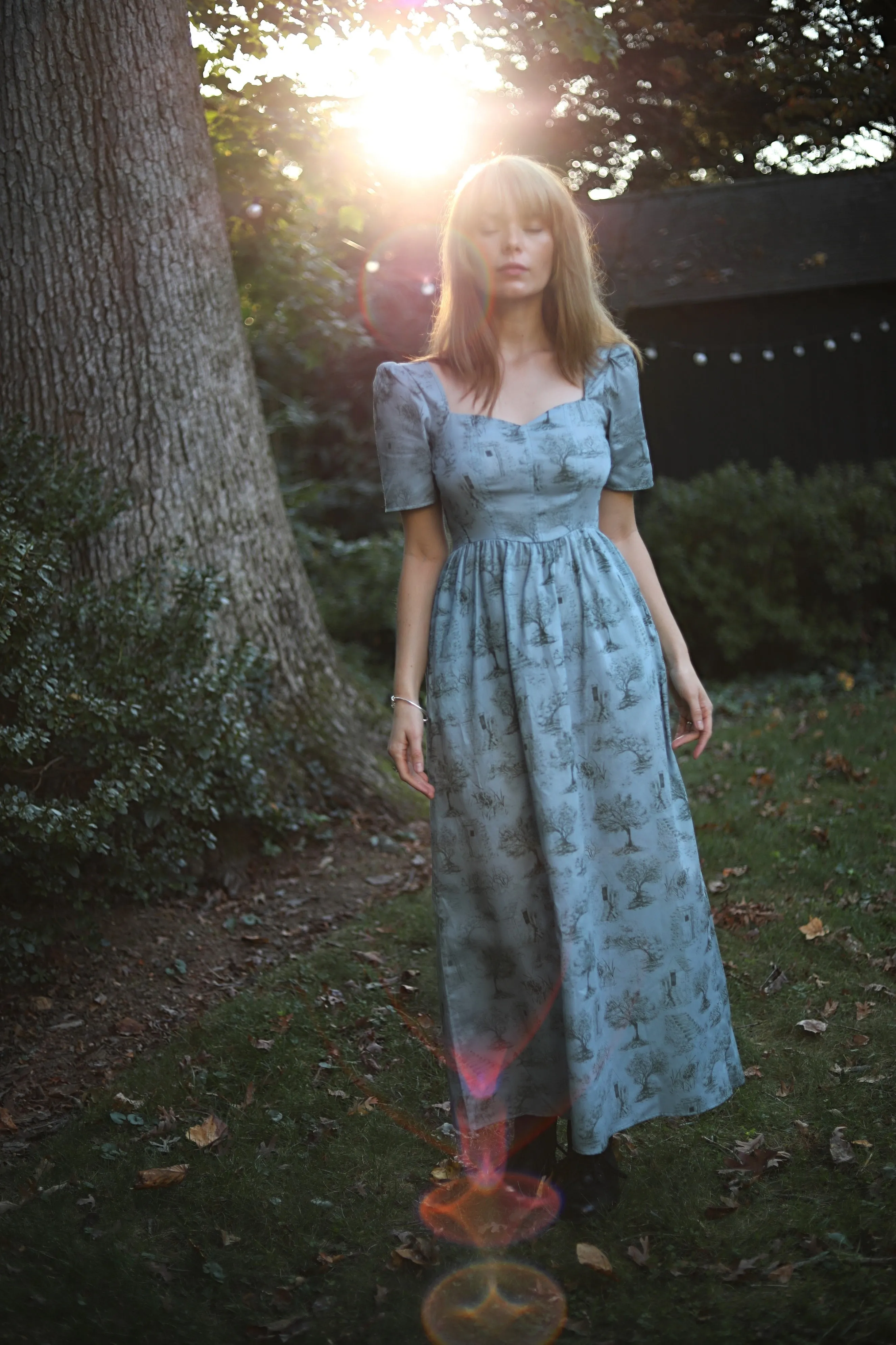 Beatrice Maxi Dress With Sweetheart Neckline / Cottage Blue   Pewter Green Cotton Toile