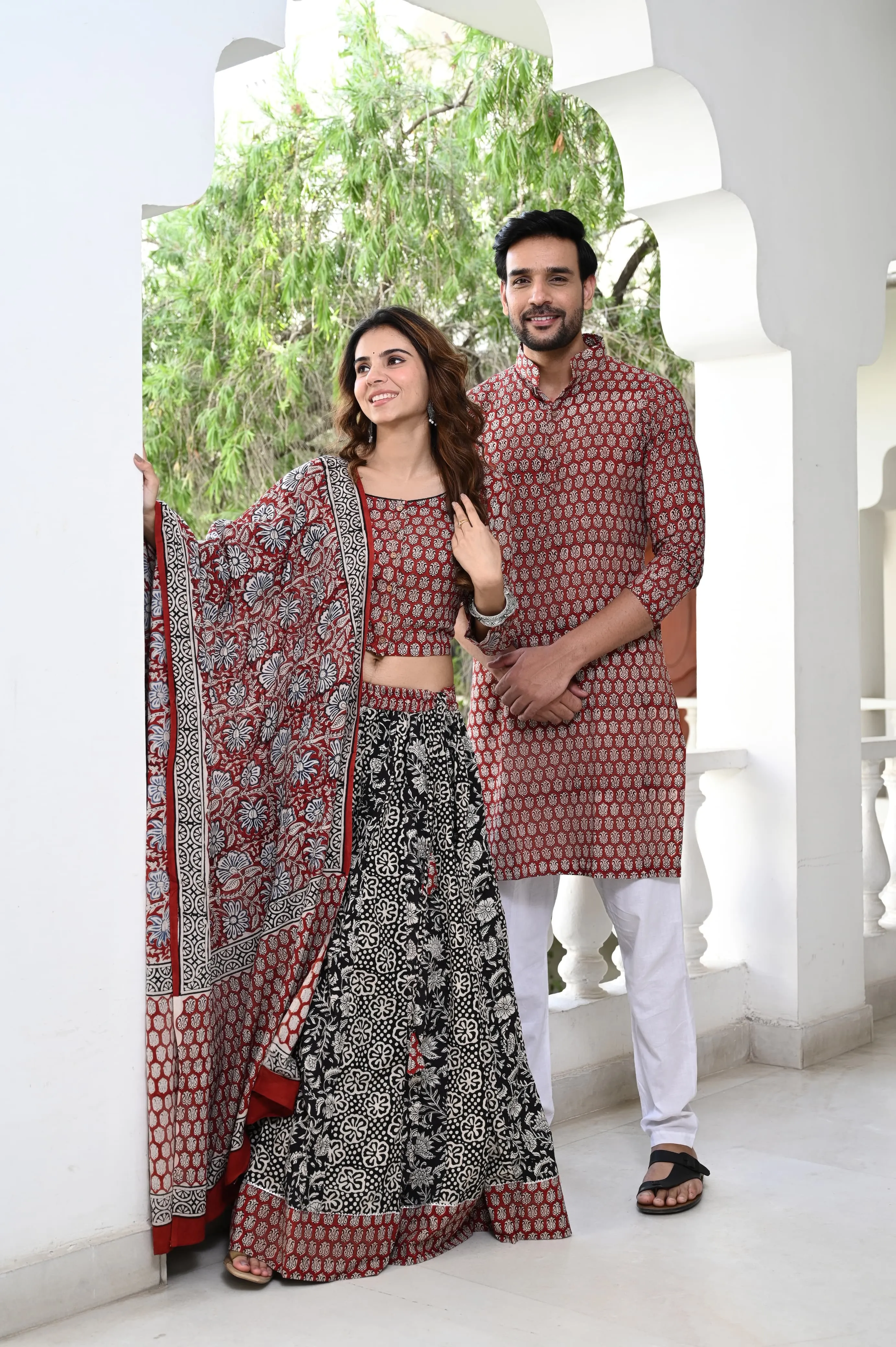 Black And Red Pure Cotton Twinning Couple Set In Block Print