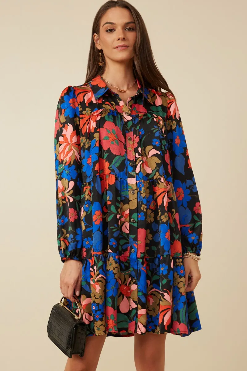 Black Multi-Color Floral Button Front Dress