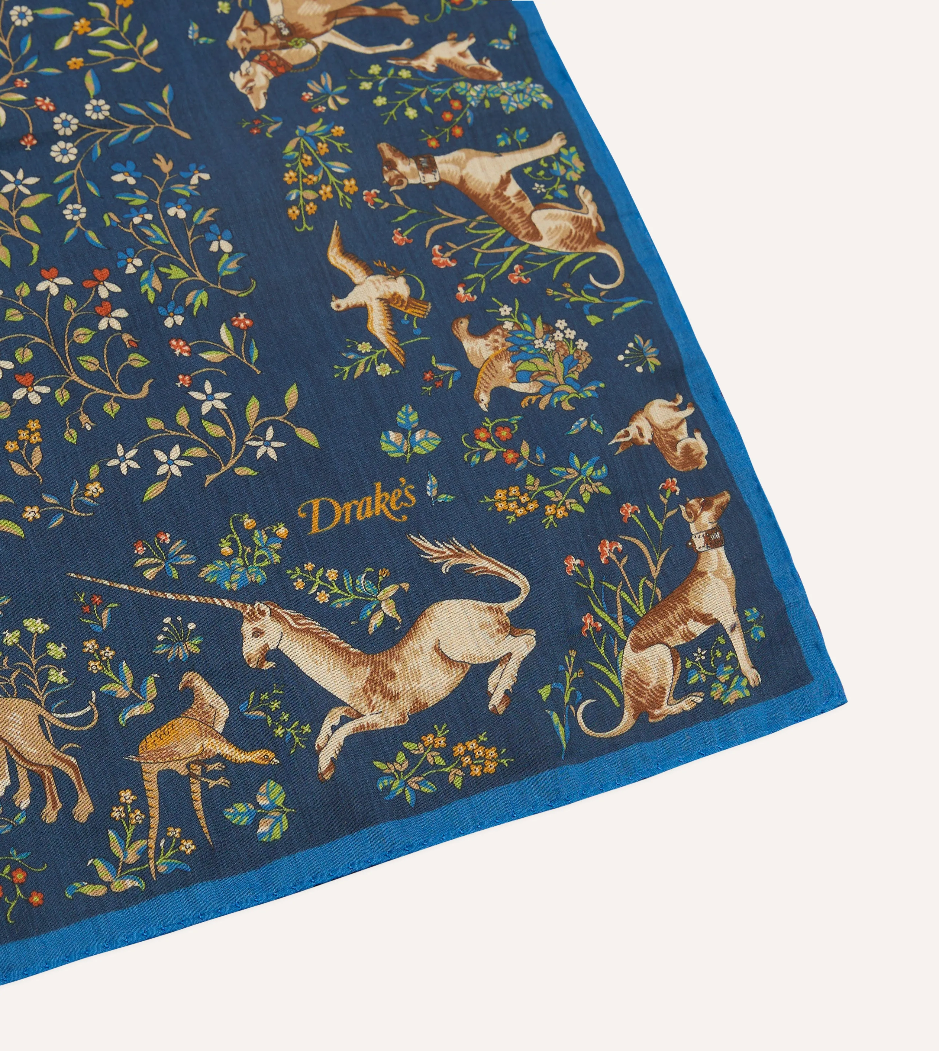 Blue and Navy Unicorn Garden Print Cotton-Silk Pocket Square