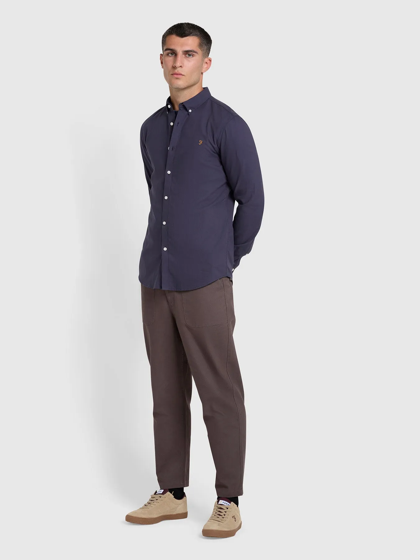 Brewer Slim Fit Organic Cotton Long Sleeve Shirt In Liquorice Blue