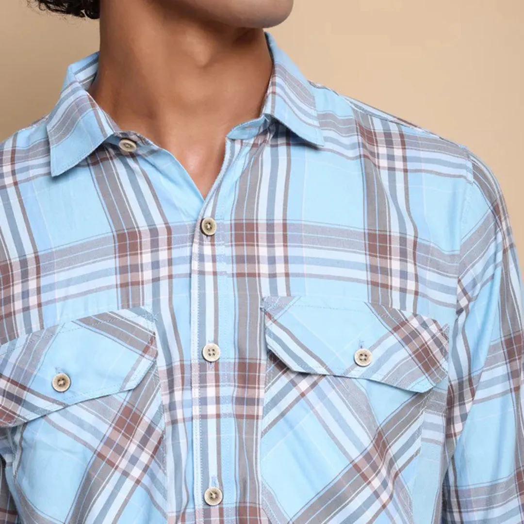 Check Regular Fit Cotton Shirt - Sky