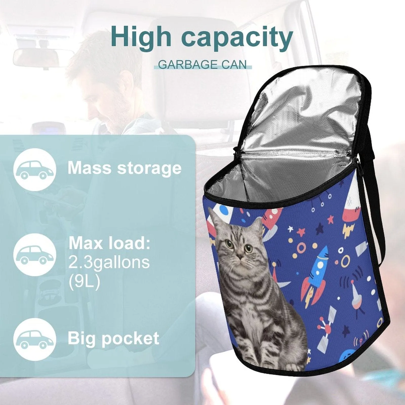 Custom Pet Cat Face Rocket Car Garbage Bag Personalized Car Storage Bag