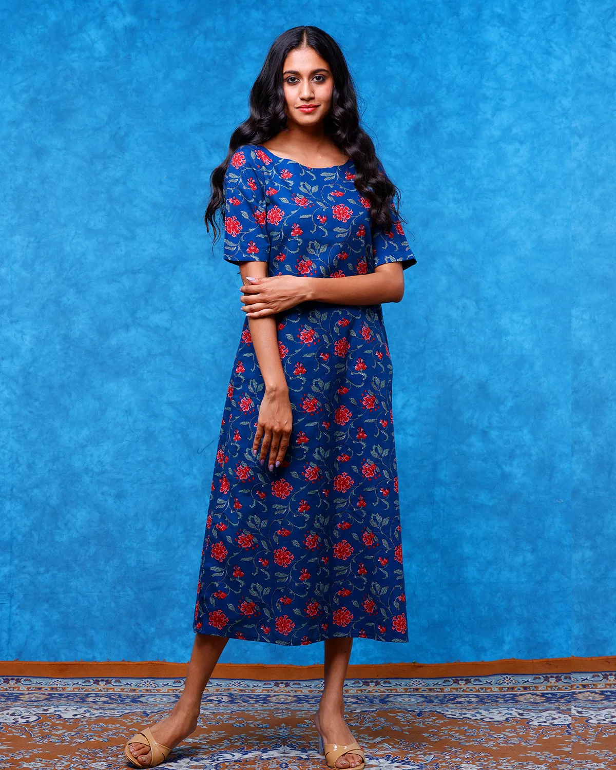 Deep Blue Floral Printed Straight Fit Midi Dress