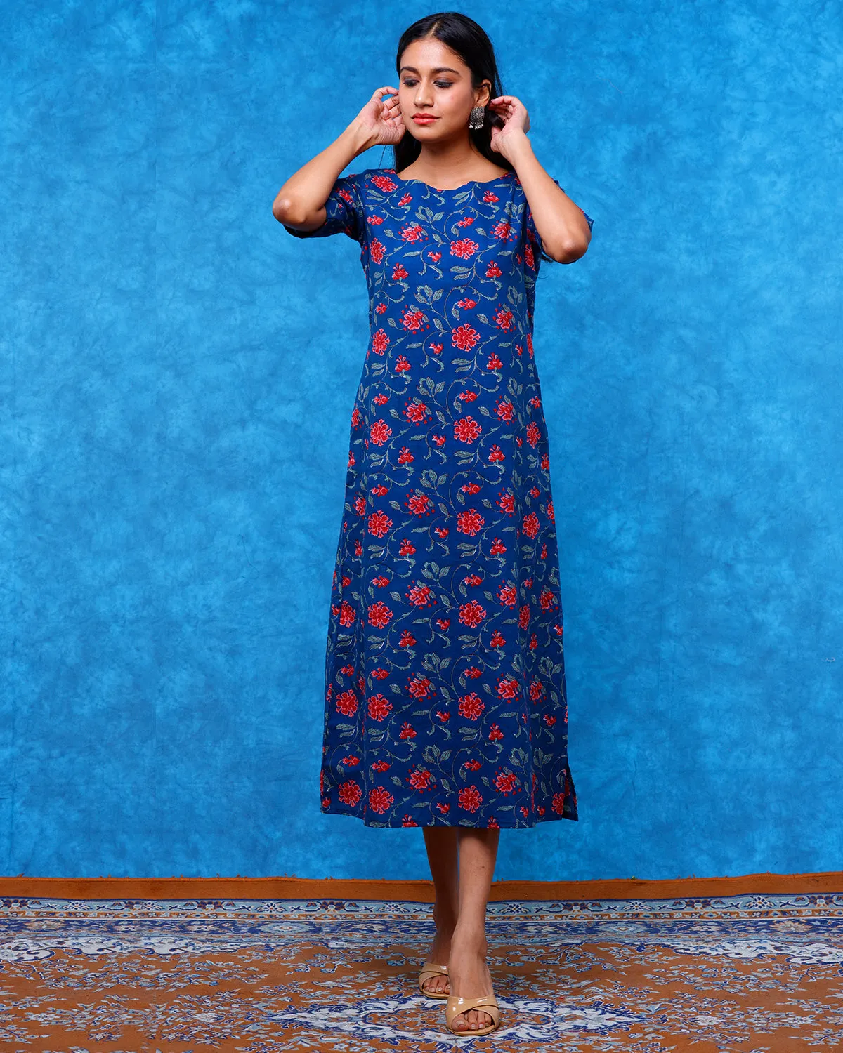 Deep Blue Floral Printed Straight Fit Midi Dress