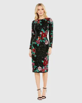 Embellished High Neck Cascading Floral Dress