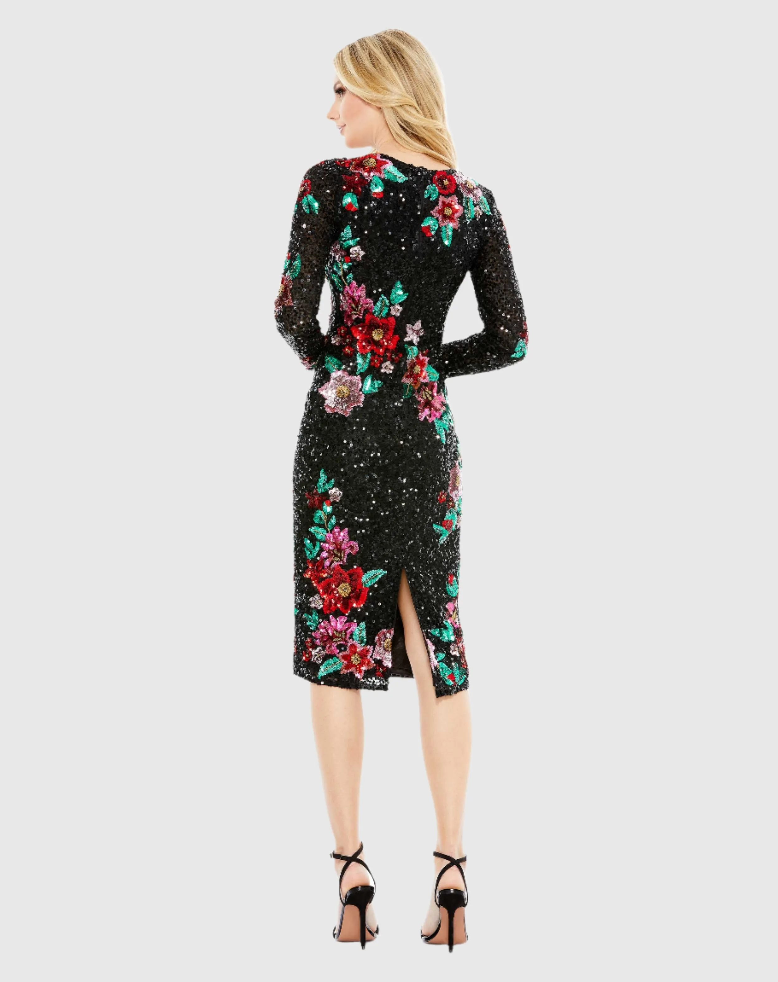 Embellished High Neck Cascading Floral Dress