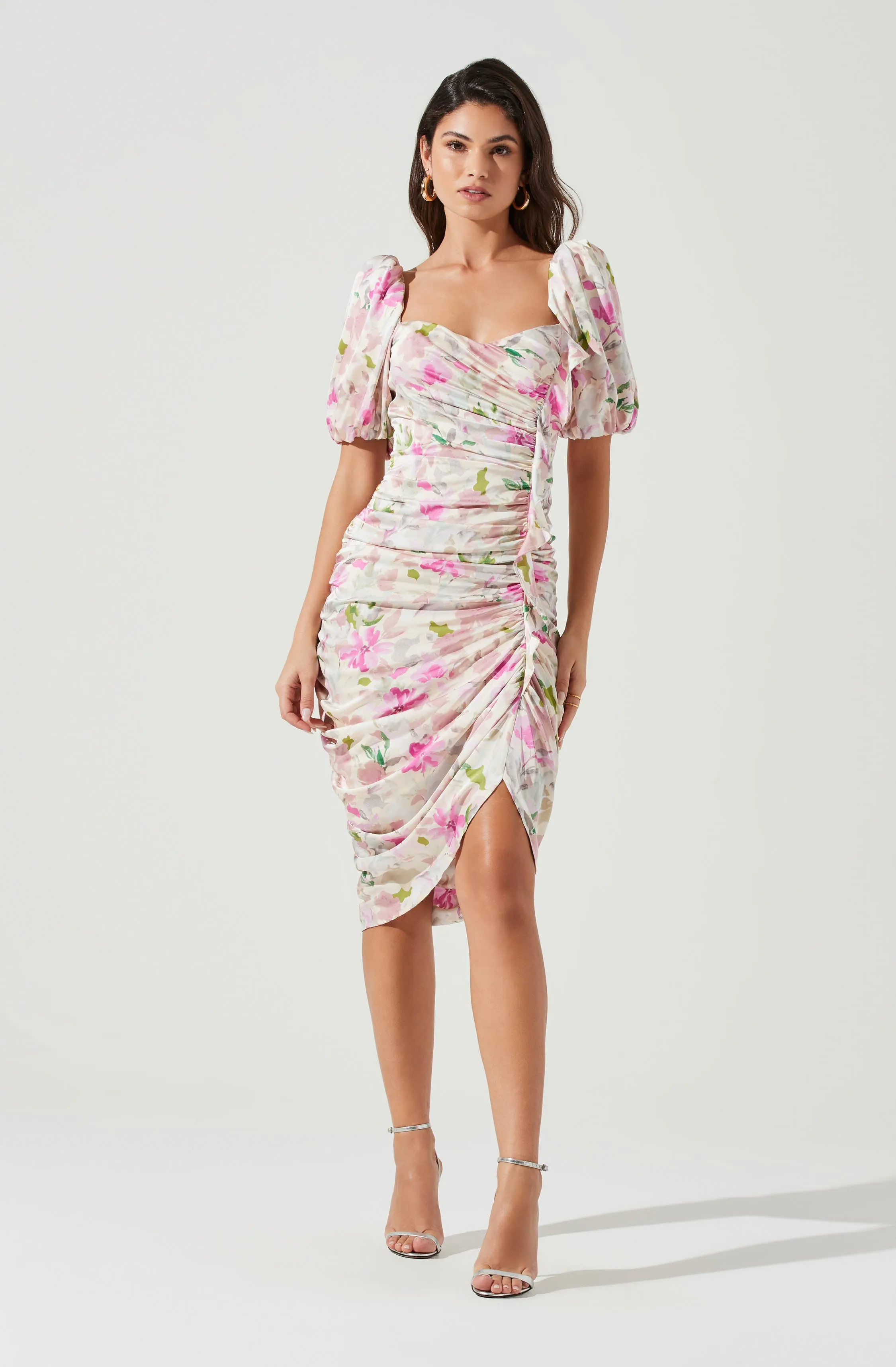 Emma Floral Ruched Bubble Sleeve Midi Dress