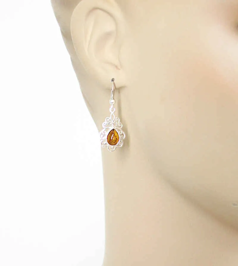 Fancy Baltic Amber Teardrop Dangle Earrings