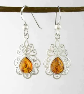 Fancy Baltic Amber Teardrop Dangle Earrings