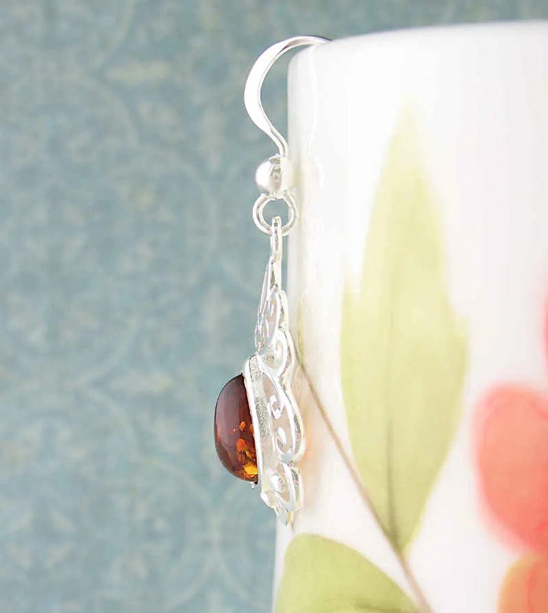 Fancy Baltic Amber Teardrop Dangle Earrings