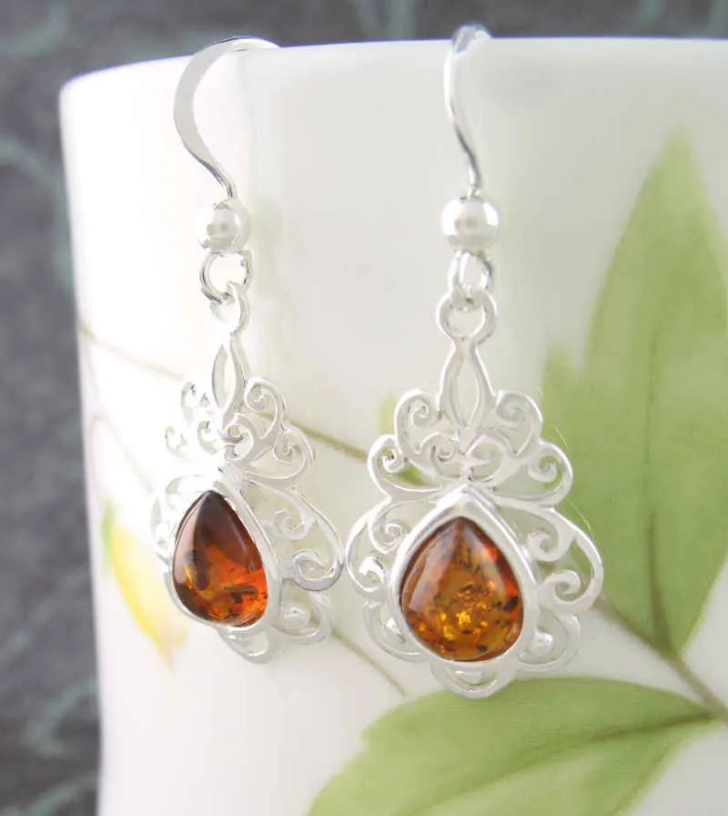 Fancy Baltic Amber Teardrop Dangle Earrings