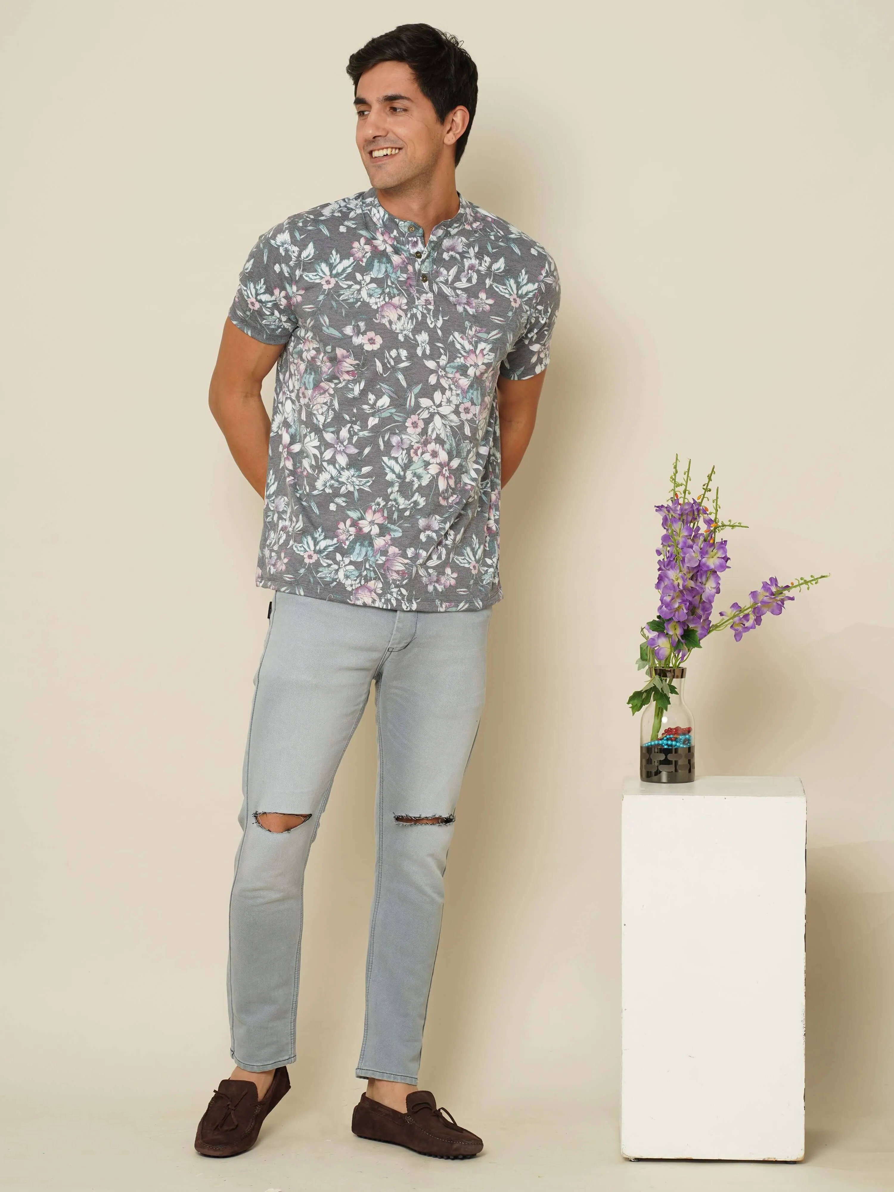 Floral Garden Henley Neck T Shirt