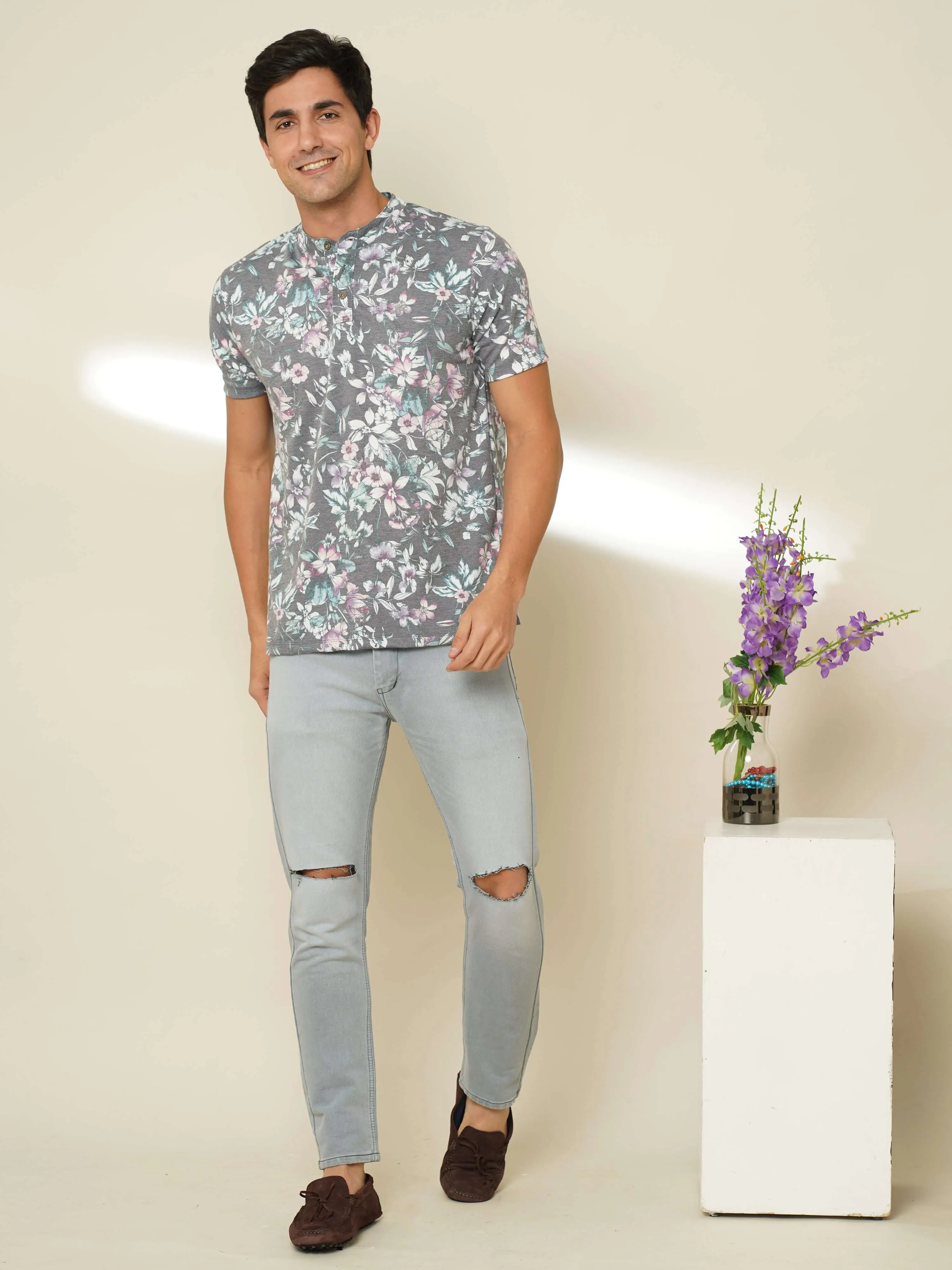 Floral Garden Henley Neck T Shirt