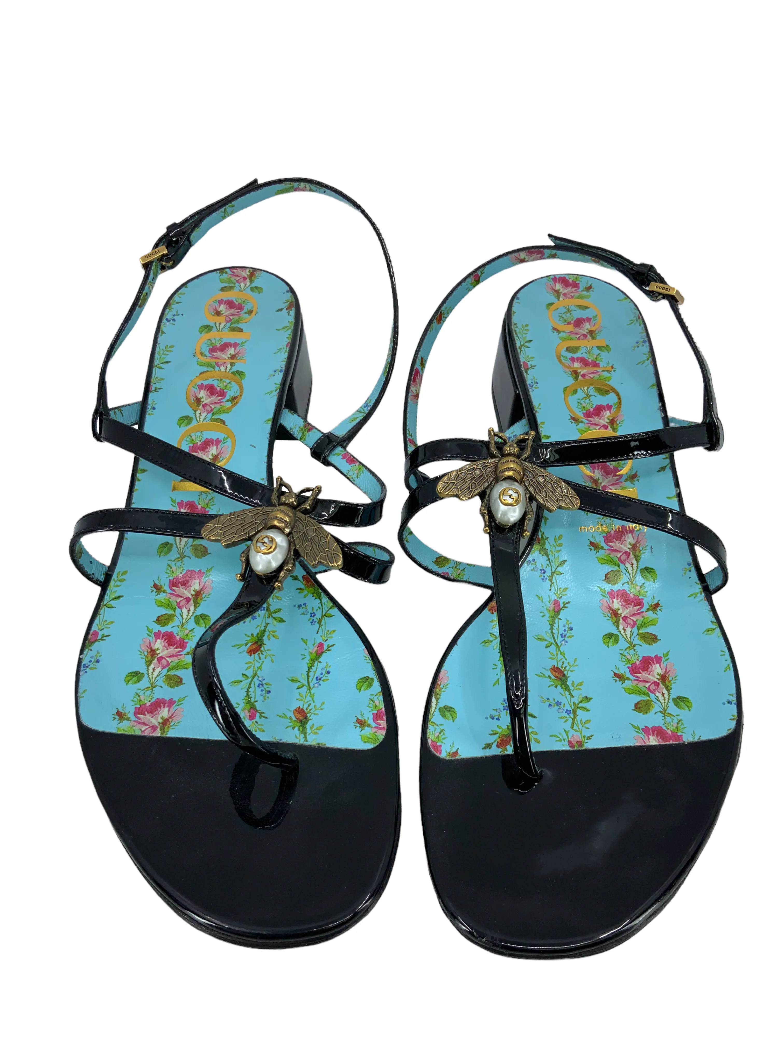 GUCCI Patent Calfskin Bee Thong Sandals Size 10