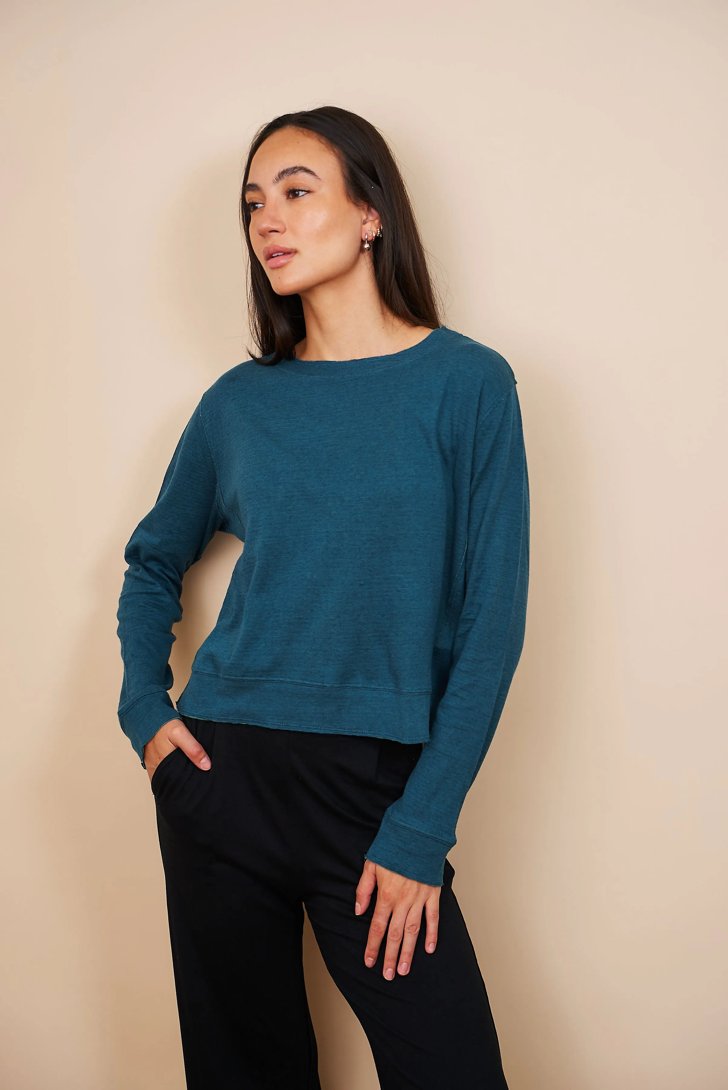 Majestic Cotton/Cashmere Double Face Crewneck in Haute Mer