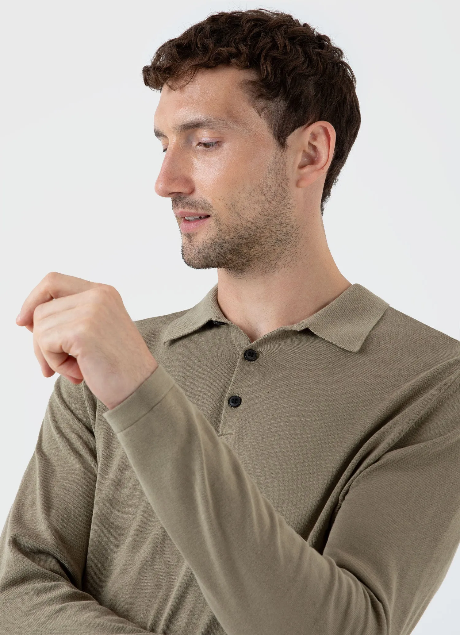 Men's Long Sleeve Sea Island Cotton Polo Shirt in Dark Stone