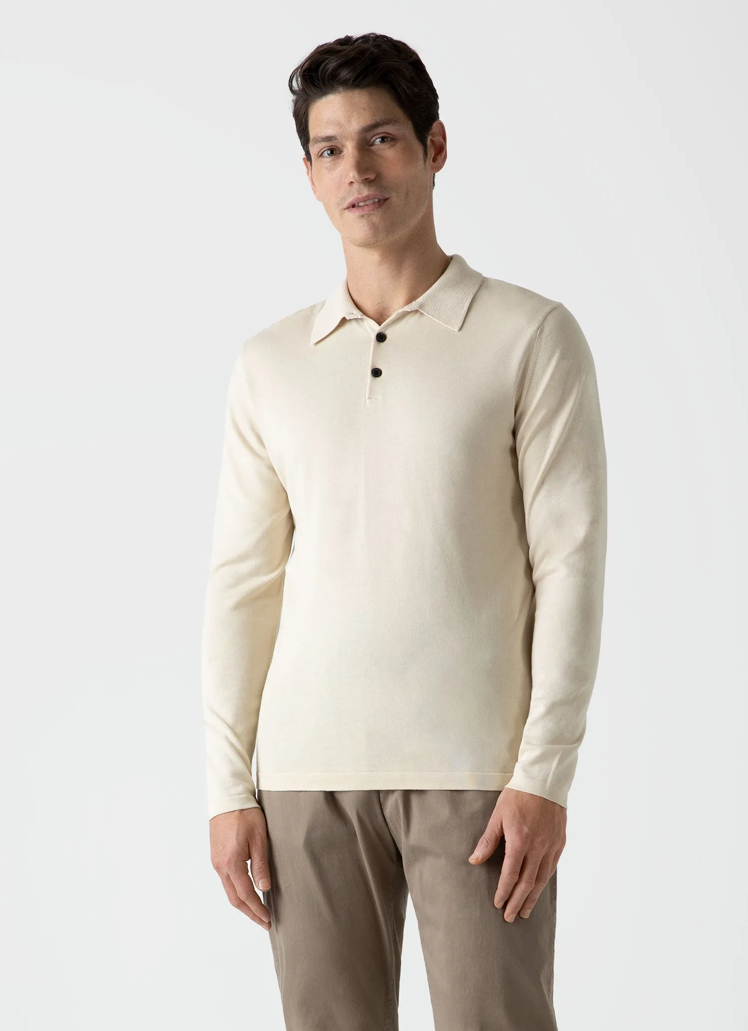 Men's Sea Island Cotton Long Sleeve Polo Shirt in Undyed