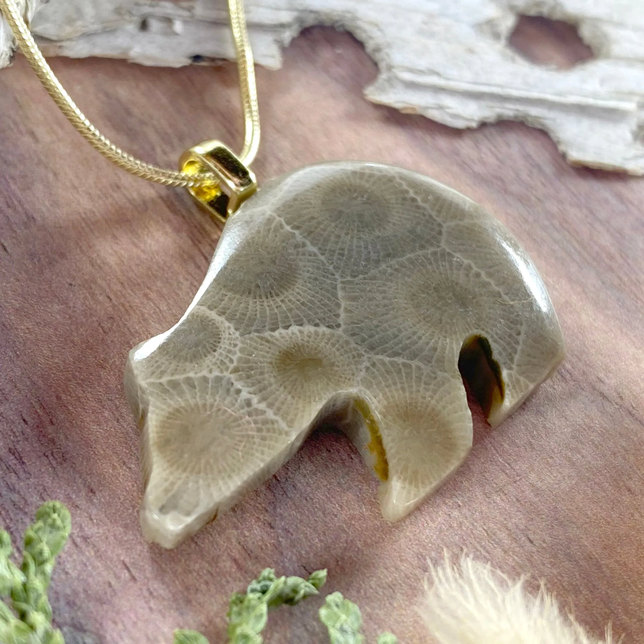 Petoskey Stone Bear Pendant Necklace