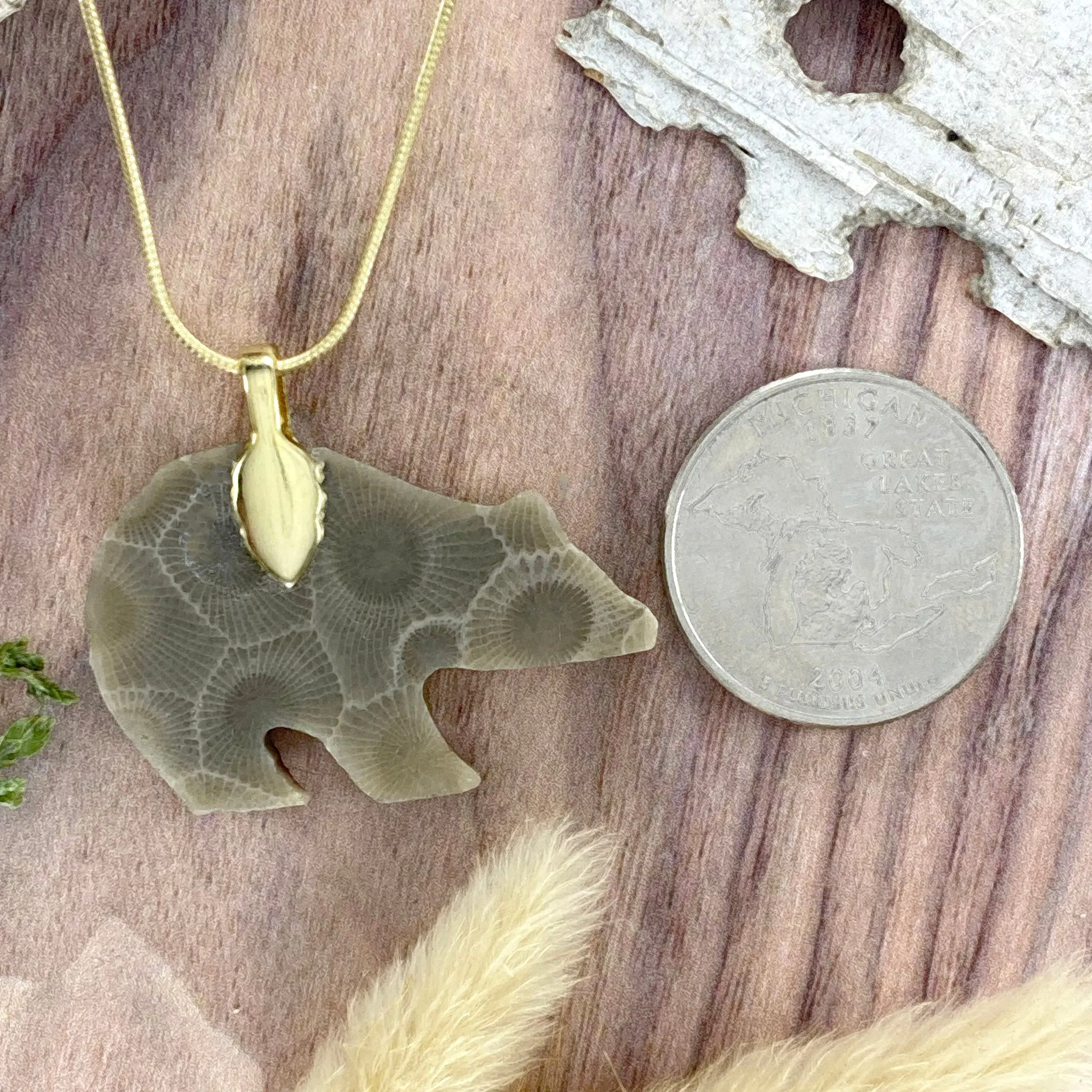 Petoskey Stone Bear Pendant Necklace