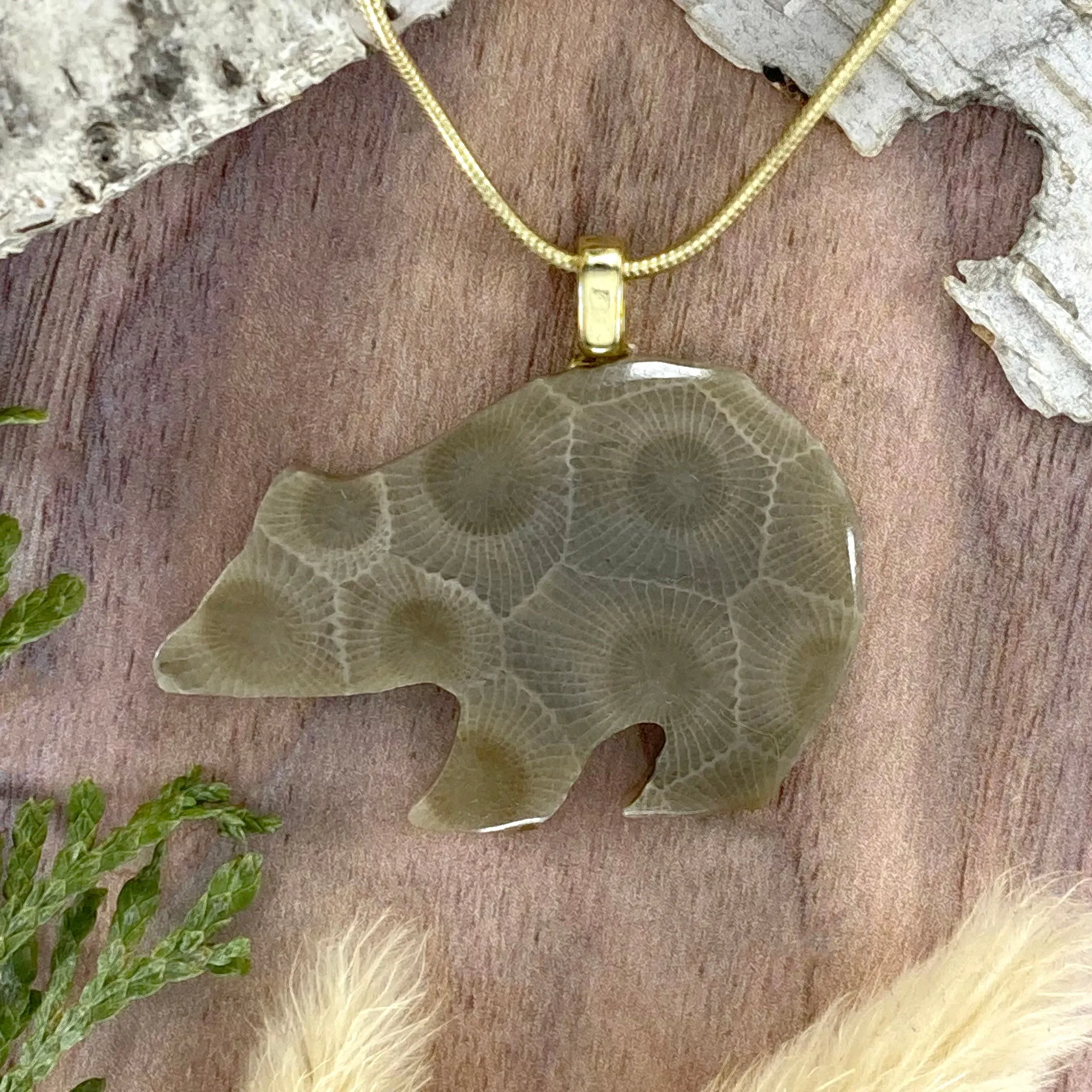 Petoskey Stone Bear Pendant Necklace