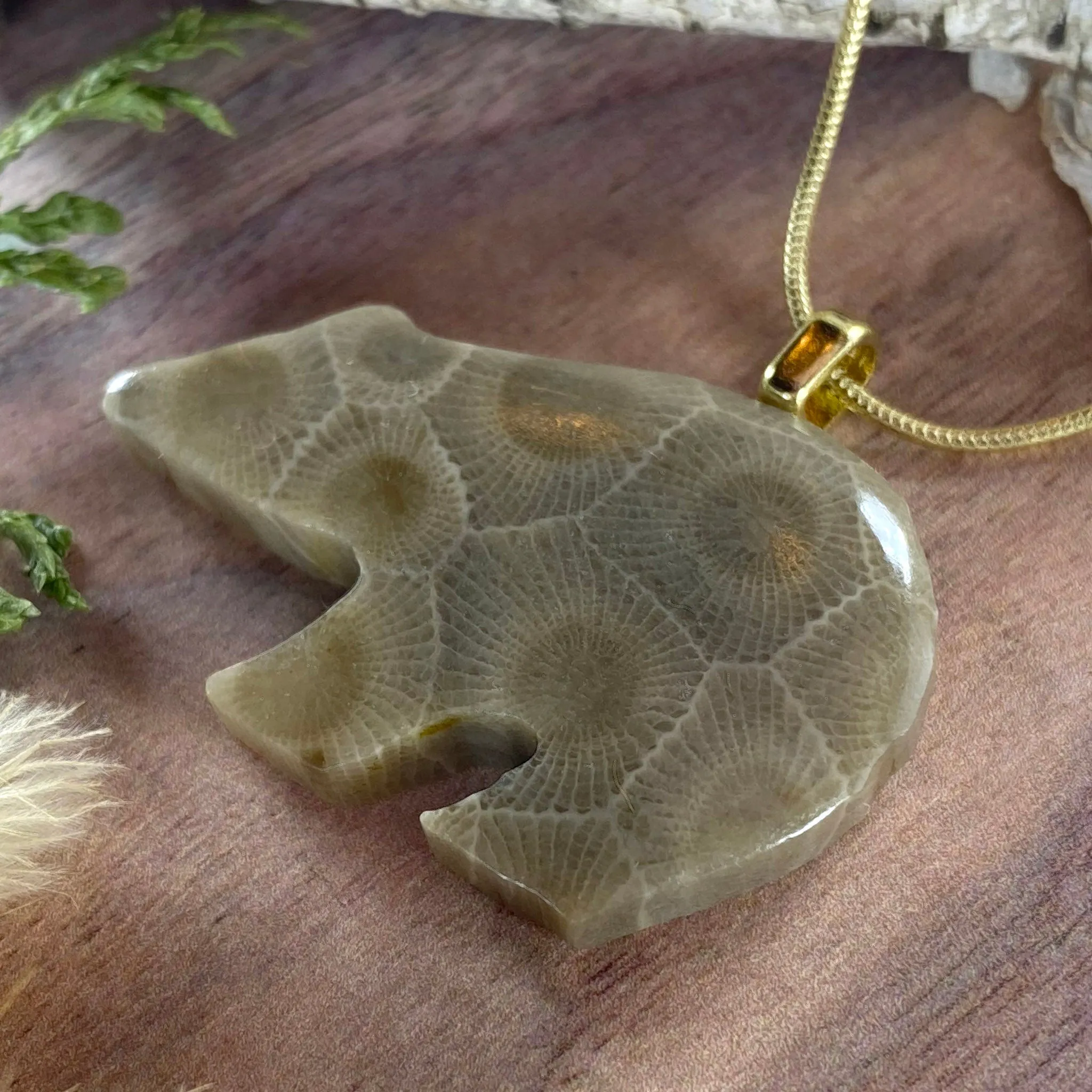 Petoskey Stone Bear Pendant Necklace