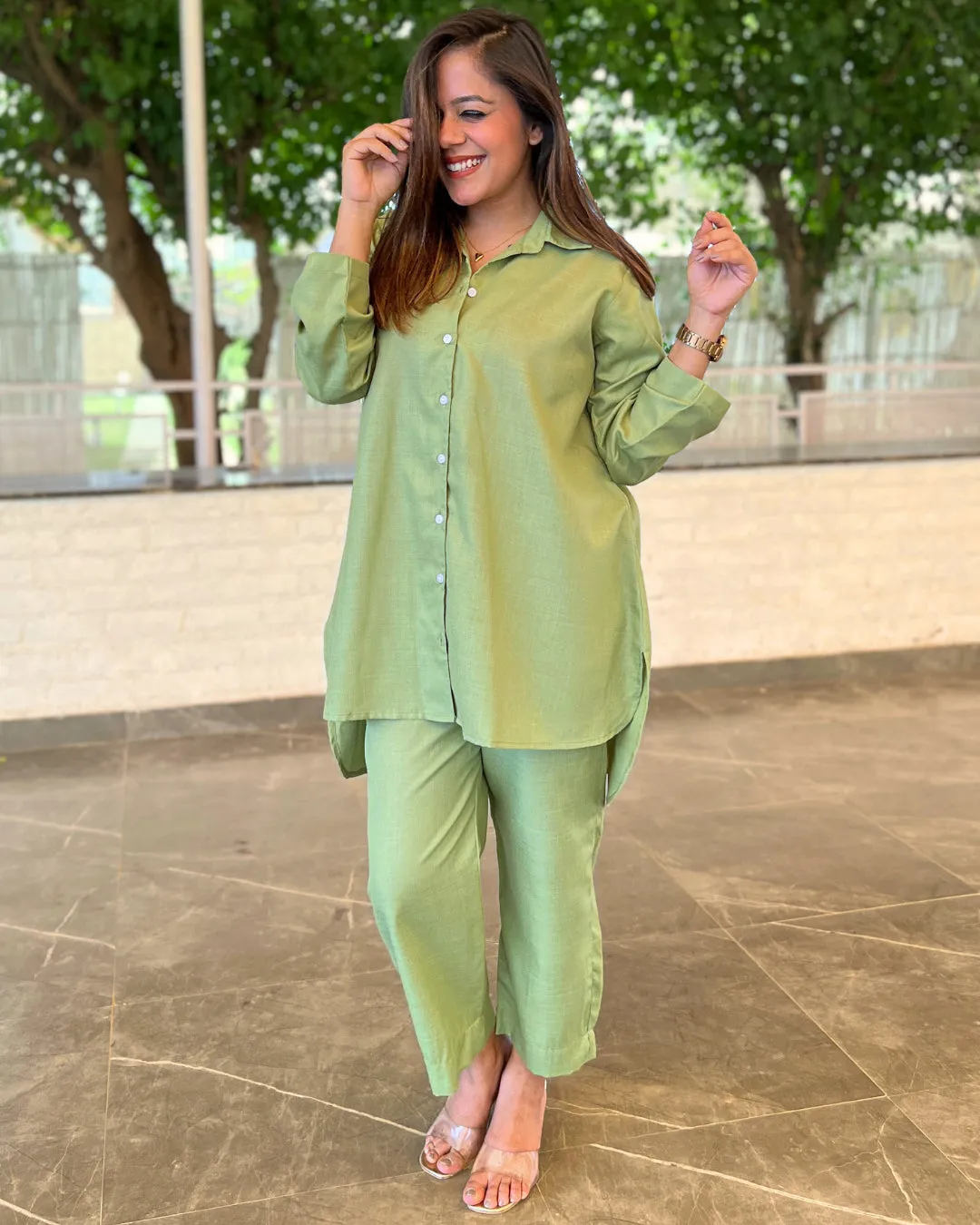 Pistachio Green Cotton Slub Aline Co-ord Set of 2