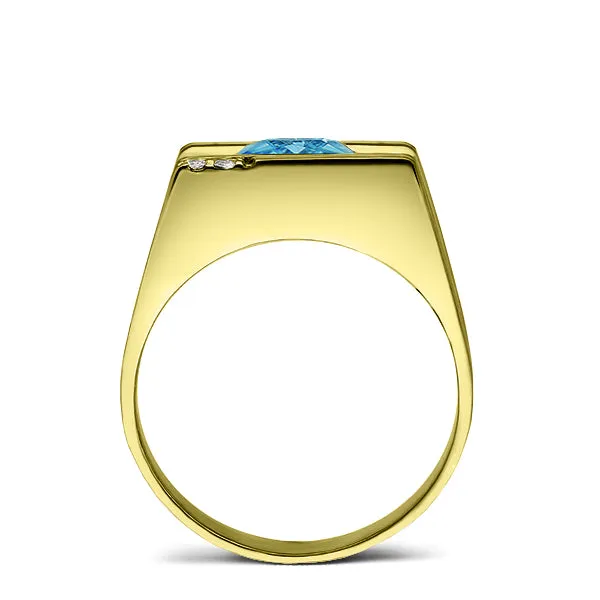 Solid 18K YELLOW GOLD Mens Ring REAL with Blue Topaz and GENUINE DIAMONDS all sz