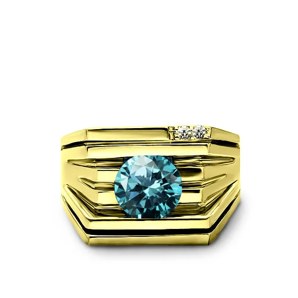 Solid 18K YELLOW GOLD Mens Ring REAL with Blue Topaz and GENUINE DIAMONDS all sz