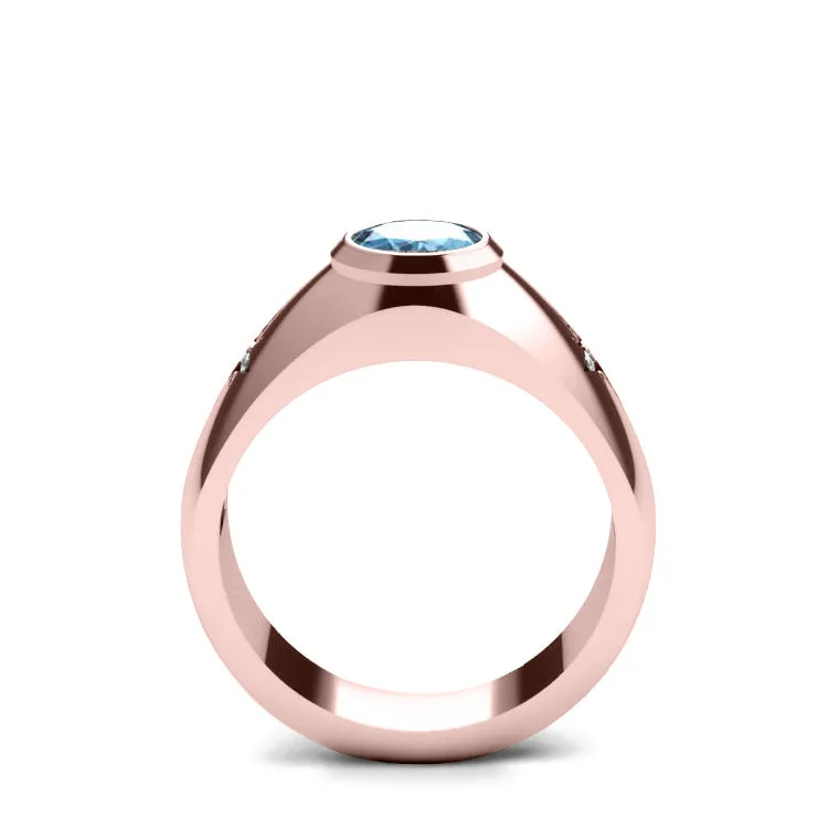 Topaz and Diamond Men's Ring in 14K SOLID Rose Gold Custom Engraved Male Wedding Band