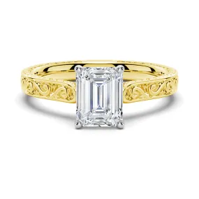 Vintage Two-Tone Emerald Cut Moissanite Engagement Ring With Milgrain Edges