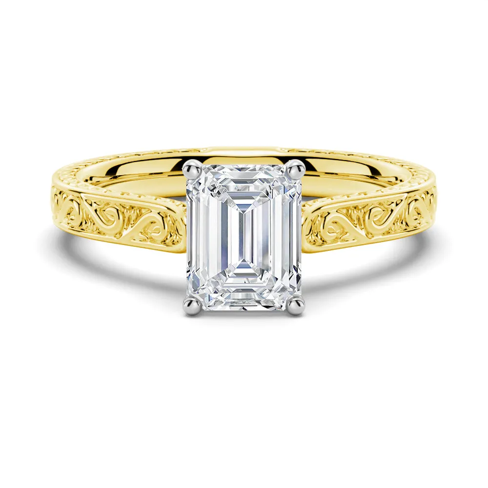 Vintage Two-Tone Emerald Cut Moissanite Engagement Ring With Milgrain Edges