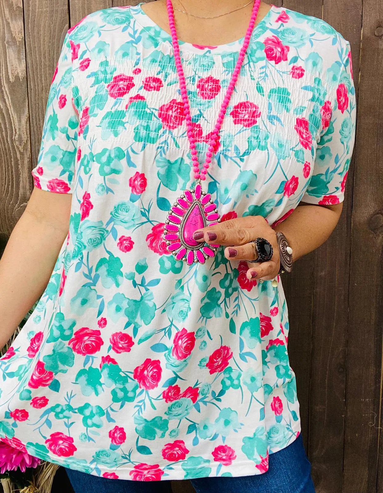 White Smocked Top with Turquoise & Pink floral print