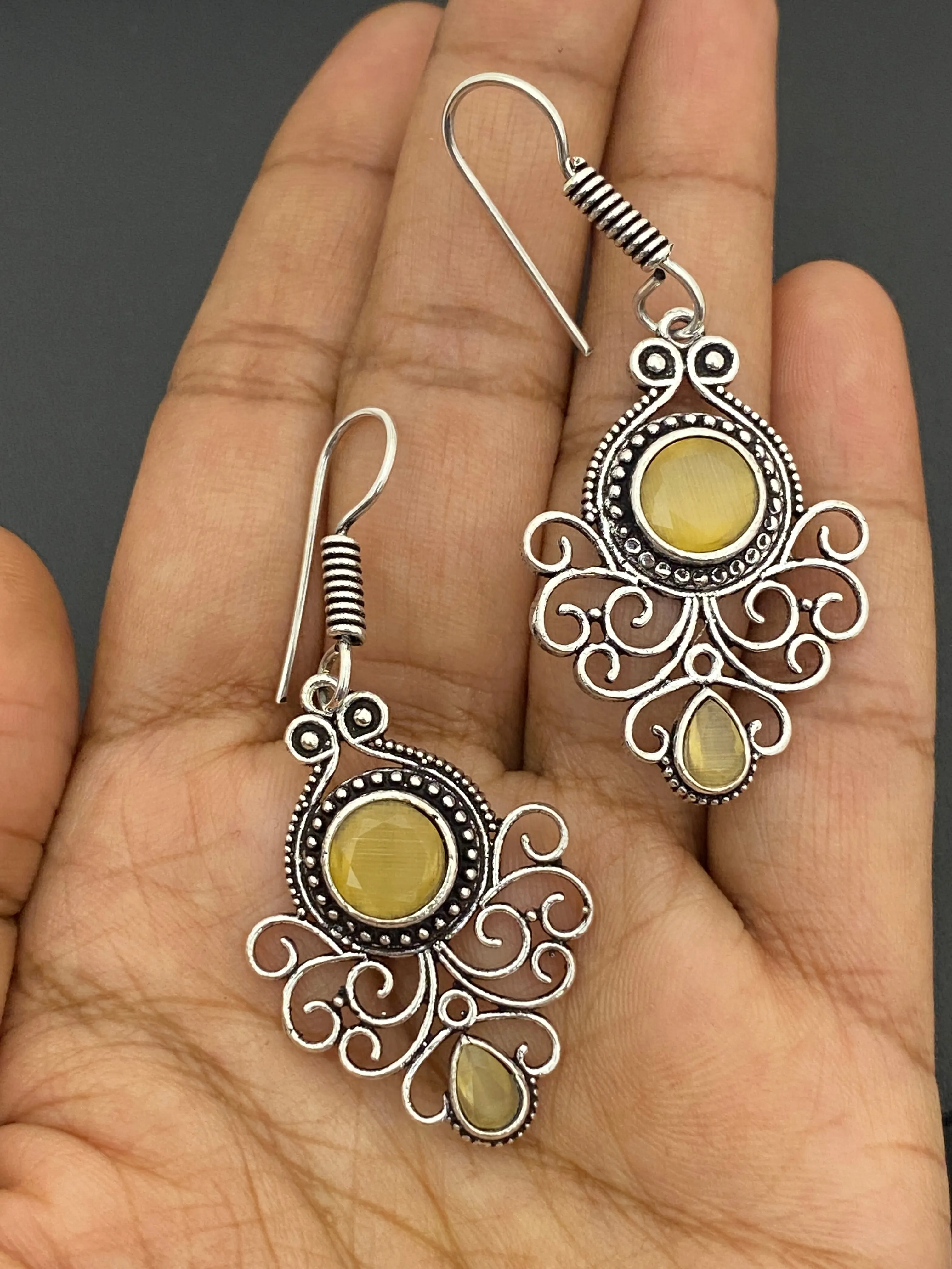 Wonderful Oxidized Yellow Color Stoned Earrings For Women