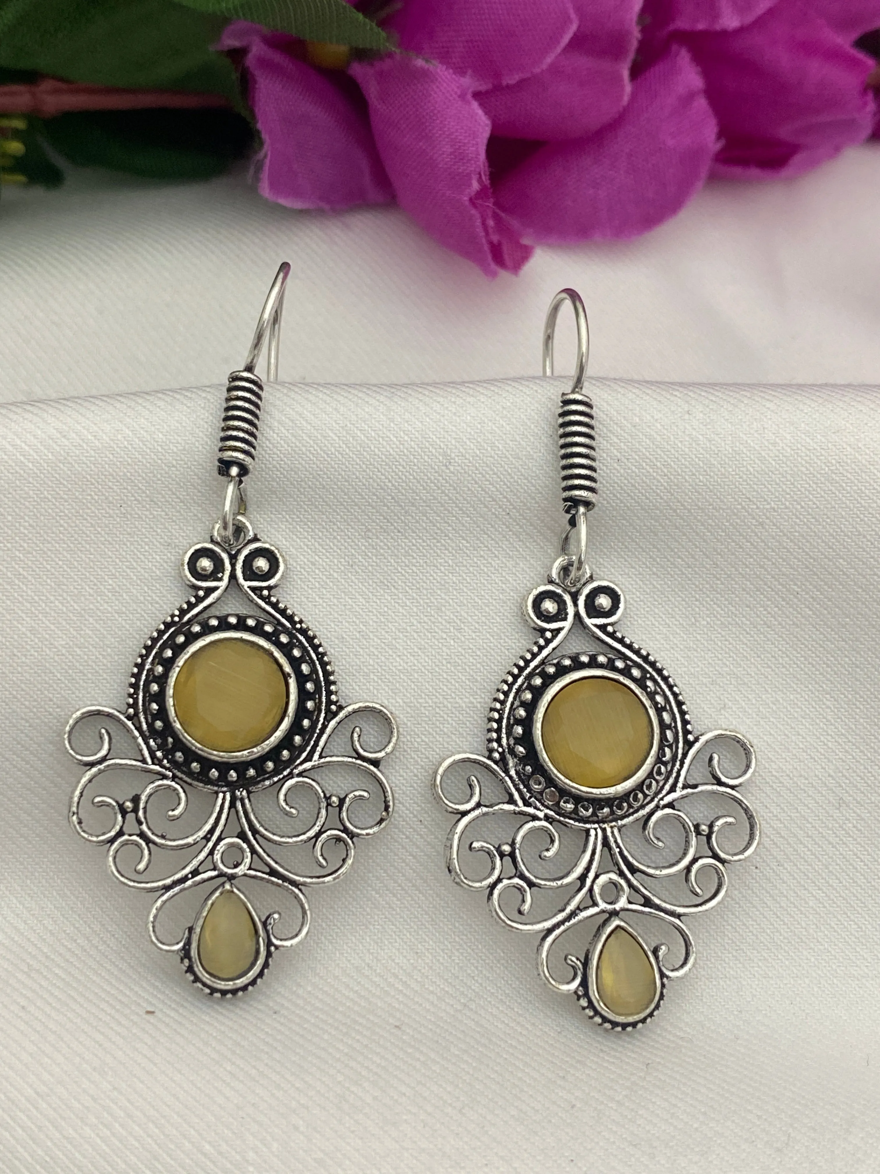 Wonderful Oxidized Yellow Color Stoned Earrings For Women